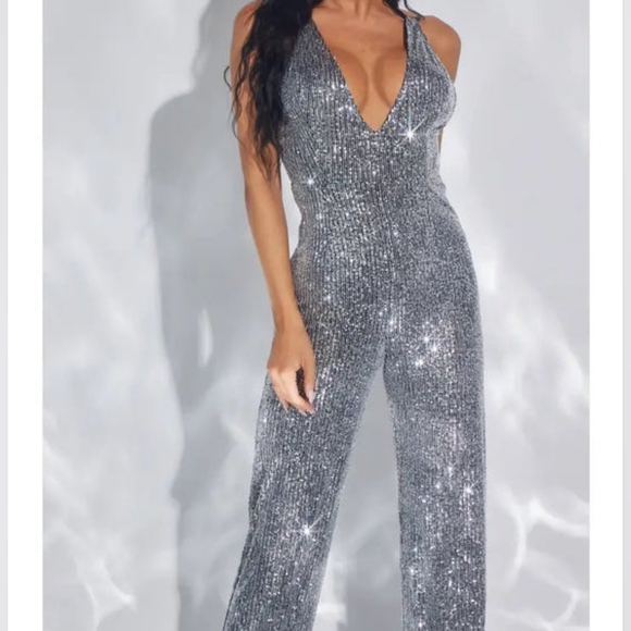 city triangles silver sequins Gray metallic sparkle holiday new years jumpsuit 9 - Picture 1 of 6